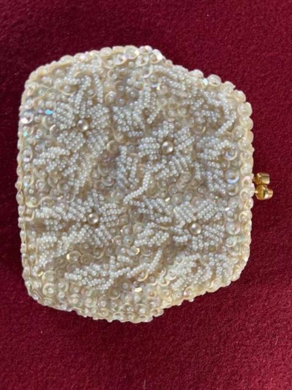 Cream Sequin Bead Change Coin Purse Handmade Hong Kong w/Red Stone Snap/Vintage - Picture 4 of 5